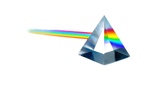 Glass prism refracting light rainbow spectrum colors on transparent background