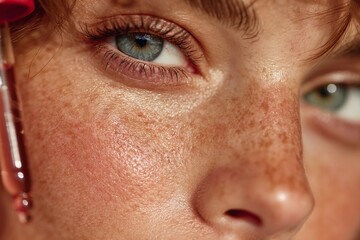 Obraz premium Close-up of a girl's face, applying facial serum with a dropper to her skin 