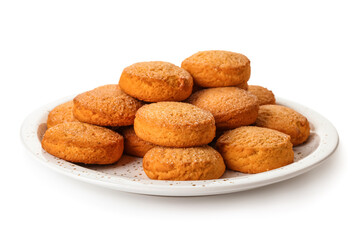 Plate with sweet cookies on white background