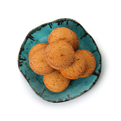 Plate with fresh sweet cookies on white background