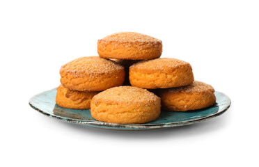 Plate with fresh sweet cookies on white background