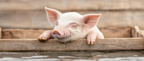 A playful piglet enjoys a peaceful moment in a rustic wooden trough filled with water, embodying the joy of farm life in a serene environment
