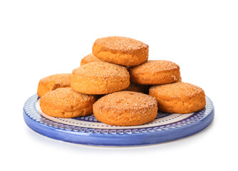Plate with sweet cookies on white background
