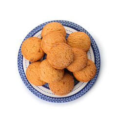 Plate with sweet cookies on white background