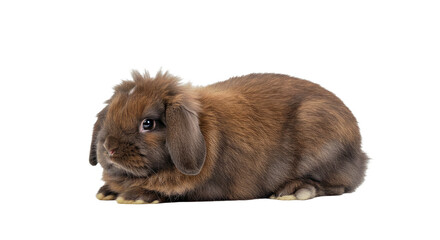 Fototapeta premium Calm American Fuzzy Lop Rabbit Lying Down Thick Fluffy Fur Relaxed Posture Isolated White Pet Cute
