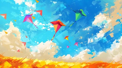 Obraz premium Sky with Colorful Kites: A bright sky with colorful kites soaring, representing joy and playfulness. 