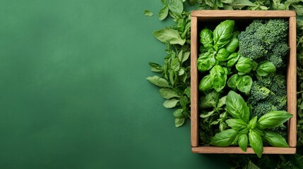 Harvested basil and broccoli nestled in a rustic wooden crate illustrate the benefits of sustainable farming for healthy eating and fresh produce