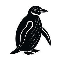 Simple black and white silhouette of a standing penguin isolated on a white background