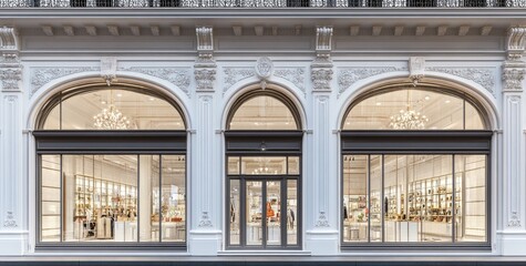 Elegant storefront facade with arched windows and decorative details