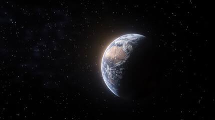 Fototapeta premium A cinematic wide shot of Earth appearing as a tiny planet, almost imperceptible against the vast black void of space.