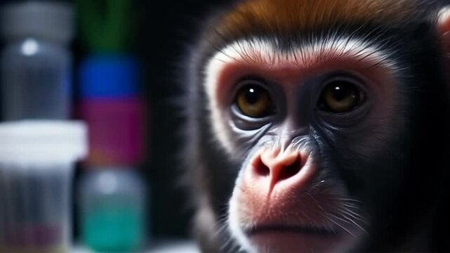 Detailed Portrait of a Monkey With Dark Fur and Amber Eyes in Dark Background Featuring Blurry Lab Beaker Science Test