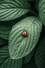 A decorative ladybug perched tranquilly on the textured surface of verdant leaves in a flourishing garden, highlighting the harmony of nature's ecosystem