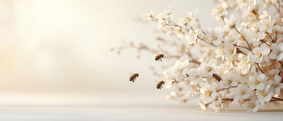 Bees collect nectar from delicate white flowers in a serene garden, capturing the beauty of spring and the vital role of pollinators in agriculture
