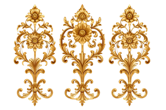 3 Golden baroque ornament with flowers isolated on a transparent background