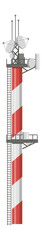 Red and white striped telecommunication tower with multiple satellite dishes, antennas, platforms and a ladder on white background broadcasts a signal