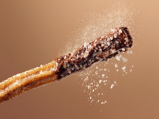 A Mexican churro stick dipped in chocolate, sugar crystals sparkling, isolated cinnamon beige background, handheld and playful with crispy motion