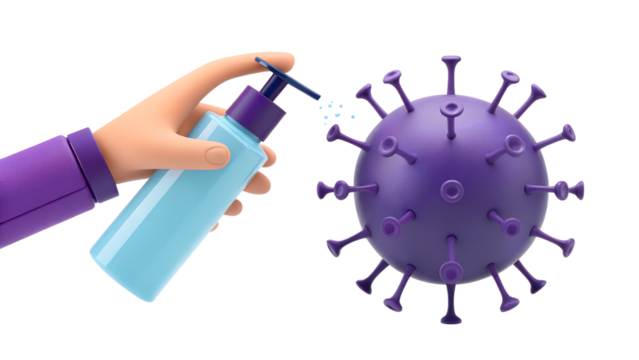 Cartoon hand using sanitizer spray against a purple virus