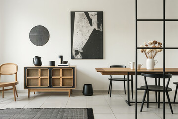 A dining room interior with a minimalist and modern aesthetic. The color palette is neutral, featuring shades of white, black, and natural wood tones