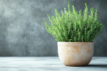 Potted rosemary plant with needle-like leaves on a white background. Herb in pot.