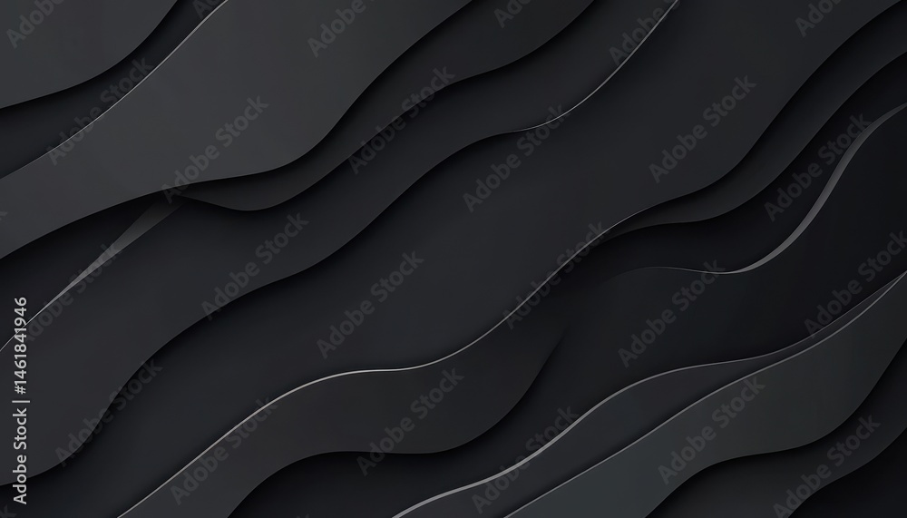 Poster Abstract Black Wavy Paper Layers with Dark Geometric Background in Modern Minimalist Style for Digital Decoration and Graphic Design Elements