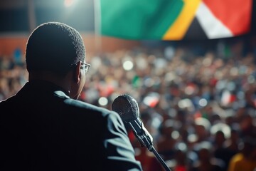 Speaker addressing crowd during Freedom Day celebration, microphone in focus, national flag in background