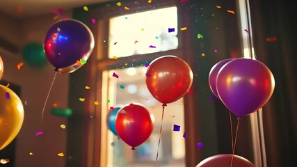 Celebratory scene filled with vibrant balloons and confetti rain indoors