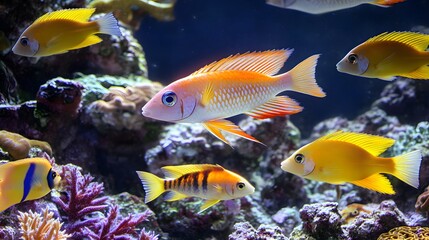 Fototapeta premium Vibrant aquatic scene of colorful fish within a coral reef aquarium.