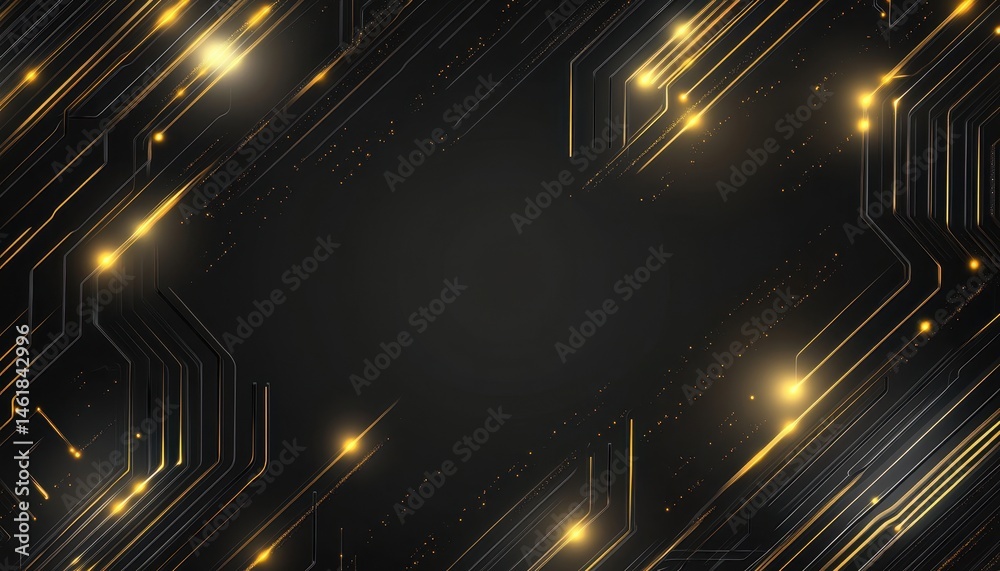 Poster Abstract Dark Background with Golden Circuit Board Lines and Futuristic Tech Glowing Elements for Digital Network Connection and Modern Electronic System