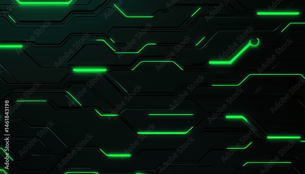 Poster Abstract Dark Geometric Background with Glowing Green Lines Futuristic Circuit Board Pattern for Modern Technology Wallpaper and Digital Design