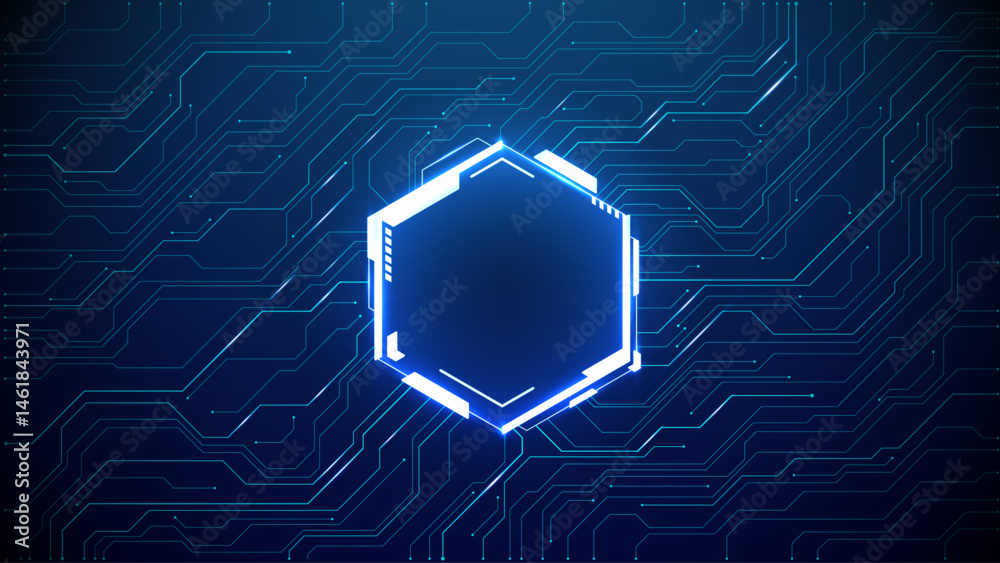 Fototapete Abstract glowing neon hexagon frame design. Technology cyber portal on circuit board with space for text. Great for web-banner. Game and cyberpunk background. Abstract digital vector bg.