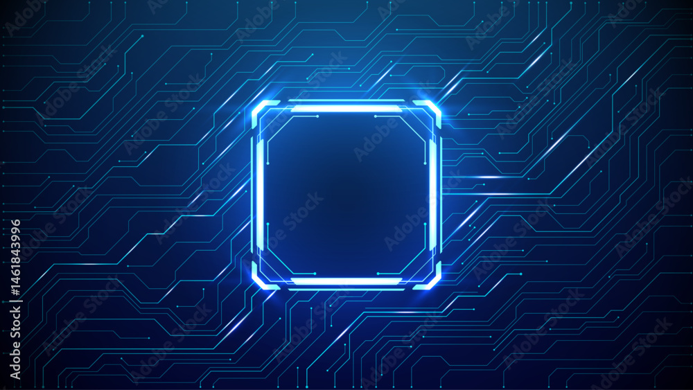 Poster Abstract technology background with light blue neon frame. Tech HUD element with empty text space. Digital tech bg. Circuit board and neon portal.  Design element for futuristic interface. Vector 