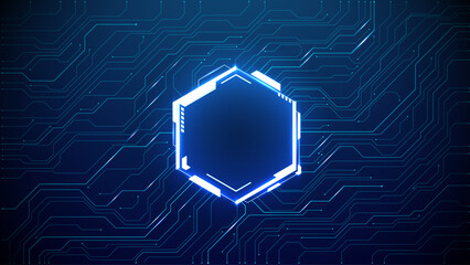 Abstract glowing neon hexagon frame design. Technology cyber portal on circuit board with space for text. Great for web-banner. Game and cyberpunk background. Abstract digital vector bg.