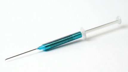 Teal syringe on white background.