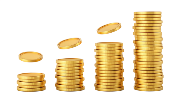 Growing stacks of gold coins showing financial success and wealth accumulation
