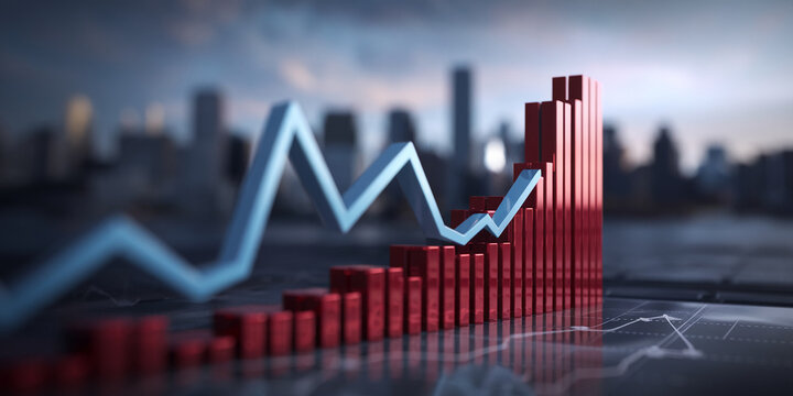 Abstract 3D bar and line graph showing upward trend against city backdrop, symbolizing business growth and financial success