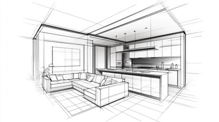 Architectural design sketch of a modern kitchen and living area.