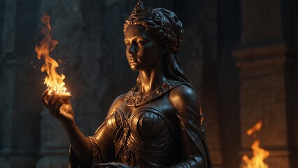 Obraz premium A statue of Anxola, flames in her palm consuming her time eternally, yet never fading