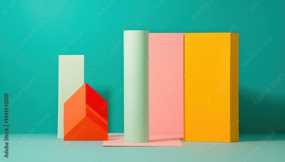 Poster abstract geometric composition with vivid colored paper shapes on teal background featuring orange c