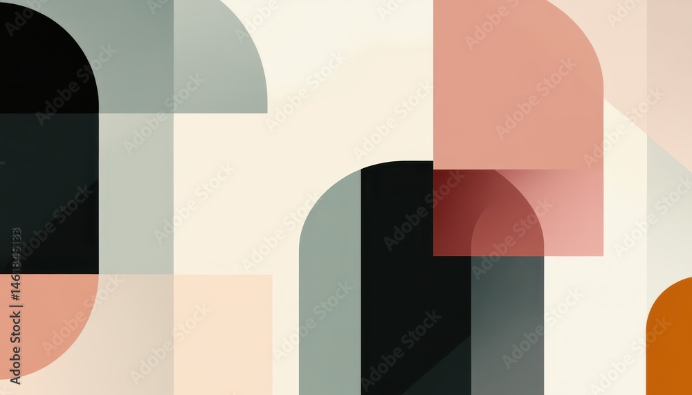 Poster Abstract Geometric Composition with Overlapping Shapes in Neutral Tones Featuring Circles Squares and Arches for a Modern Minimalist Aesthetic