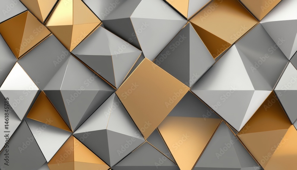 Poster Abstract Geometric Pattern in Gold and Silver Triangles Three Dimensional Polygonal Background with Modern Design