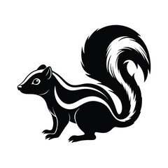 Artistic black and white illustration of a skunk with striped body and fluffy tail