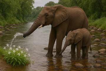An elephant sprays water using its trunk on a flower plant