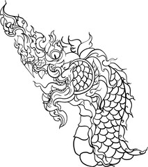 Obraz premium black-and-white illustration of a mythical dragon-naga hybrid face. The artwork combines the fierce expression of a Chinese dragon with the ornamental flames, scales,