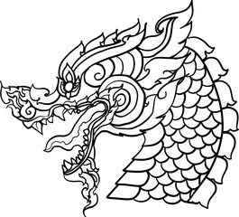 black-and-white illustration of a mythical dragon-naga hybrid face. The artwork combines the fierce expression of a Chinese dragon with the ornamental flames, scales,