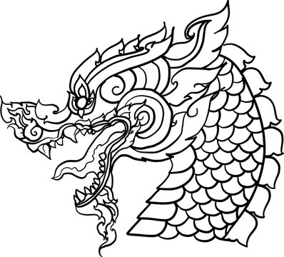 black-and-white illustration of a mythical dragon-naga hybrid face. The artwork combines the fierce expression of a Chinese dragon with the ornamental flames, scales,