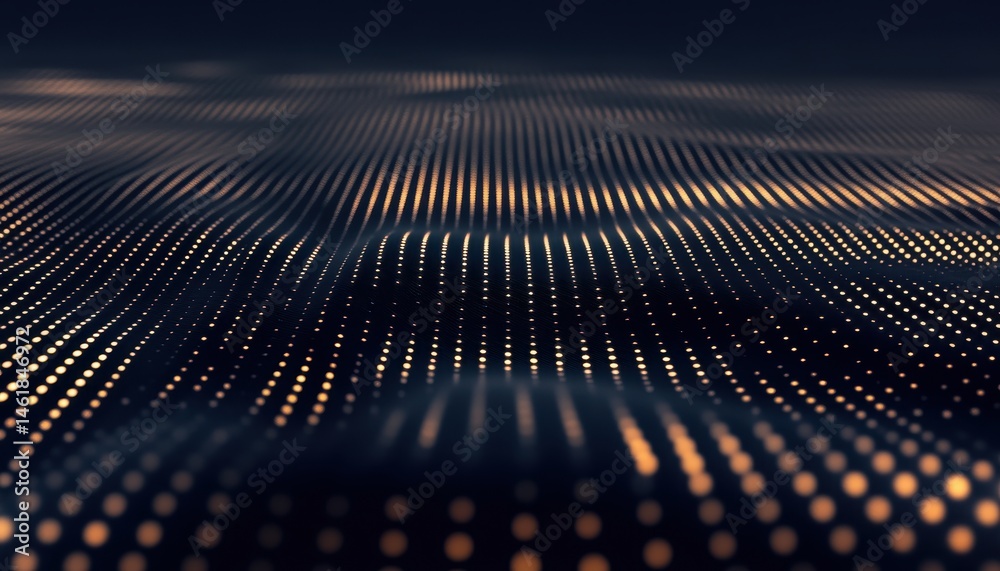Poster Abstract Glowing Dots Wavy Grid with Dark Background Surface Pattern Technology Design in Golden Light Futuristic Style Digital Illustration