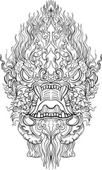 black-and-white illustration of a mythical dragon-naga hybrid face. The artwork combines the fierce expression of a Chinese dragon with the ornamental flames, scales,