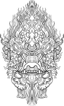 black-and-white illustration of a mythical dragon-naga hybrid face. The artwork combines the fierce expression of a Chinese dragon with the ornamental flames, scales,