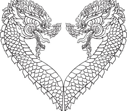 black-and-white illustration of a mythical dragon-naga hybrid face. The artwork combines the fierce expression of a Chinese dragon with the ornamental flames, scales,