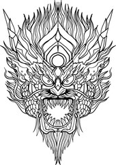 black-and-white illustration of a mythical dragon-naga hybrid face. The artwork combines the fierce expression of a Chinese dragon with the ornamental flames, scales,